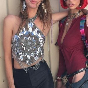 Ocean moon sequin beaded fringe silver festival crop top